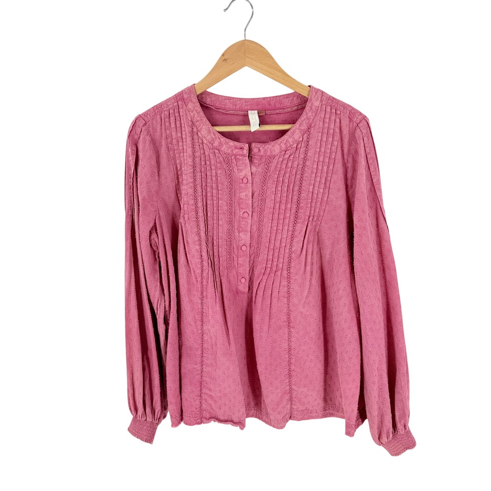 Pilcro Blouse Pink Medium Pintuck Swiss Dot Cotton Long Sleeve Boho Peasant